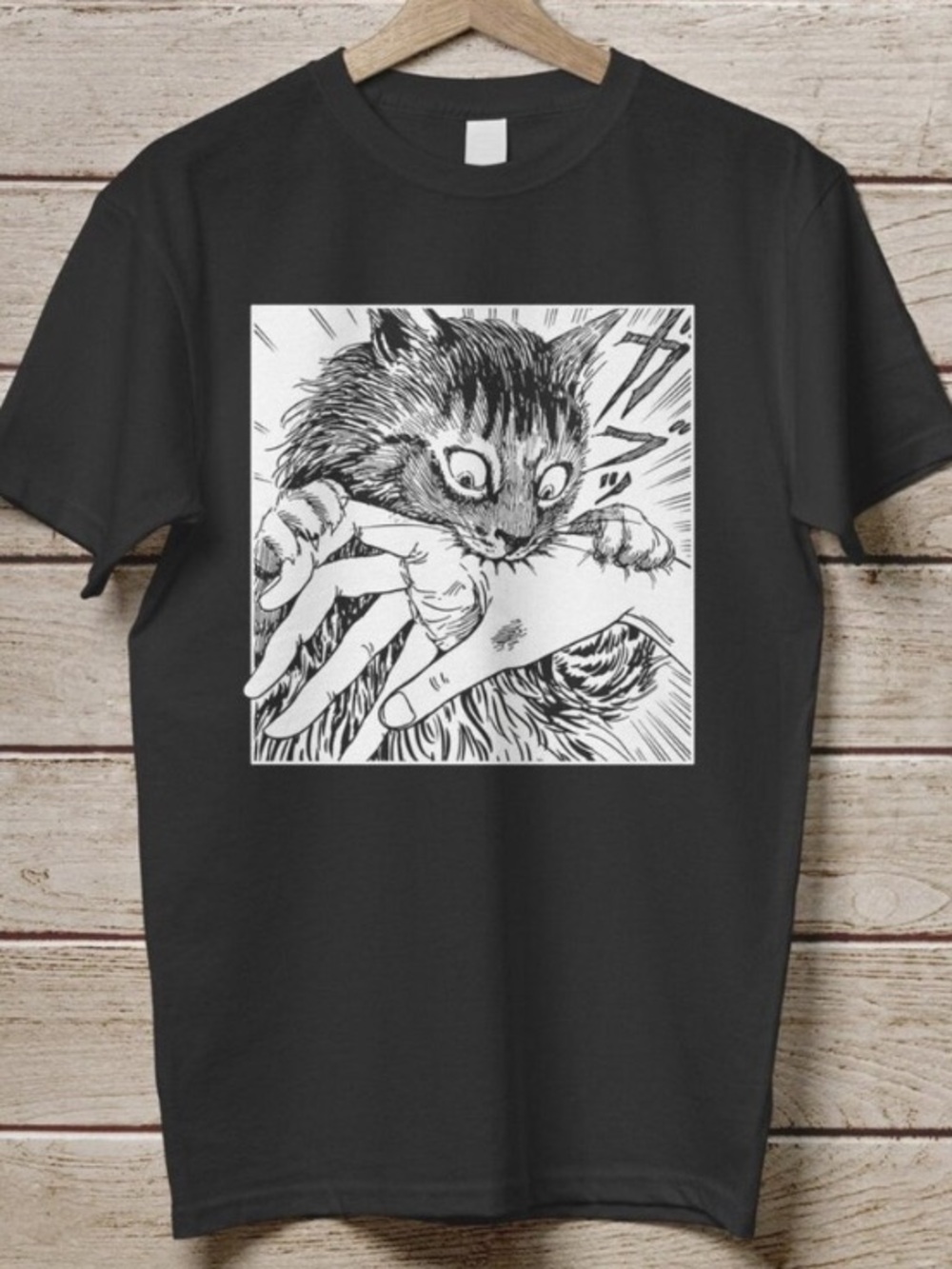 Black Graphic Tee with Monochrome Cat Illustration
